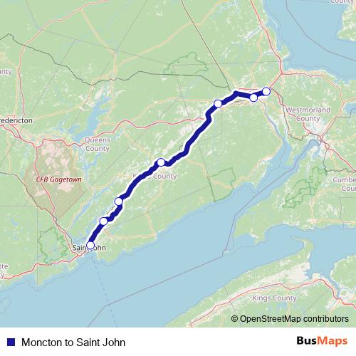 Moncton to Saint John bus Line Map