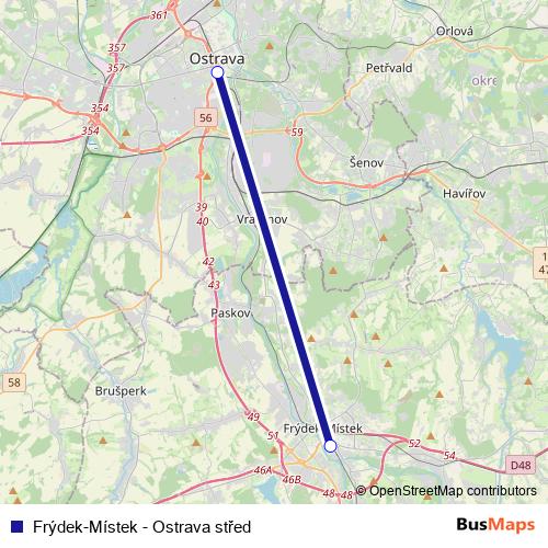 Frýdek-Místek - Ostrava střed rail Line Map