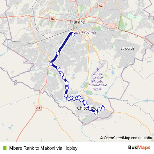 Mbare Rank to Makoni via Hopley bus Line Map