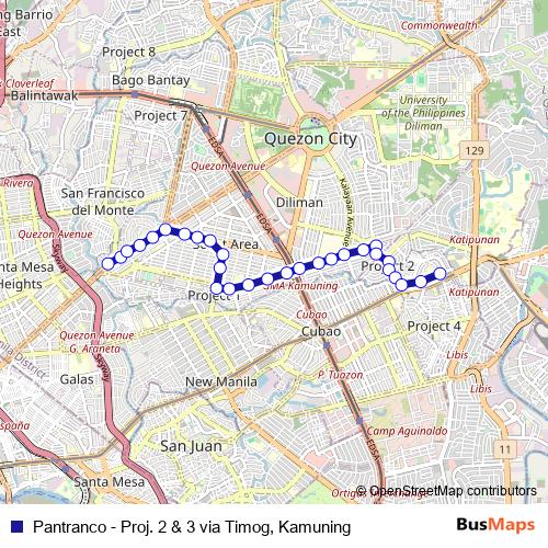 Pantranco - Proj. 2 & 3 via Timog, Kamuning bus Line Map