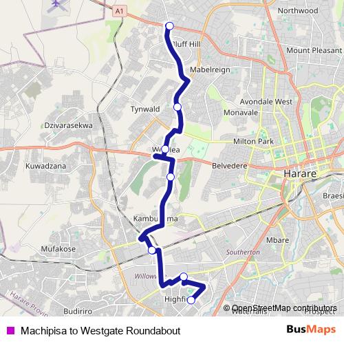 Machipisa to Westgate Roundabout bus Line Map
