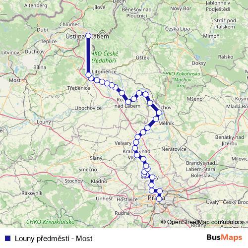 Louny předměstí - Most rail Line Map