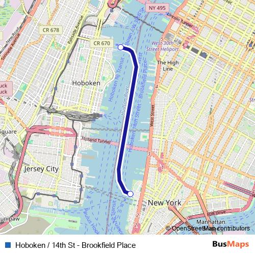 Hoboken / 14th St - Brookfield Place ferry Line Map
