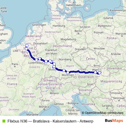 Flixbus N36 bus Line Map