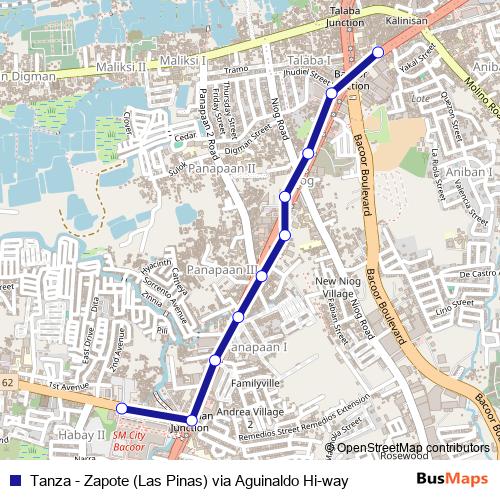 Tanza - Zapote (Las Pinas) via Aguinaldo Hi-way bus Line Map