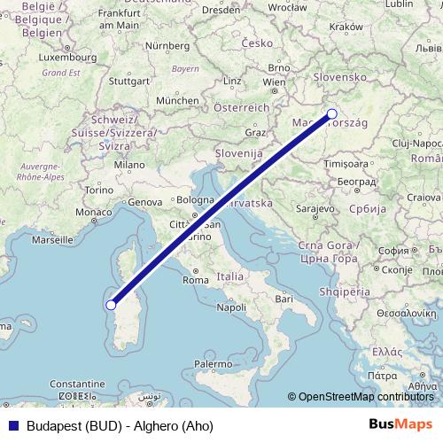 Budapest (BUD) - Alghero (Aho) air Line Map