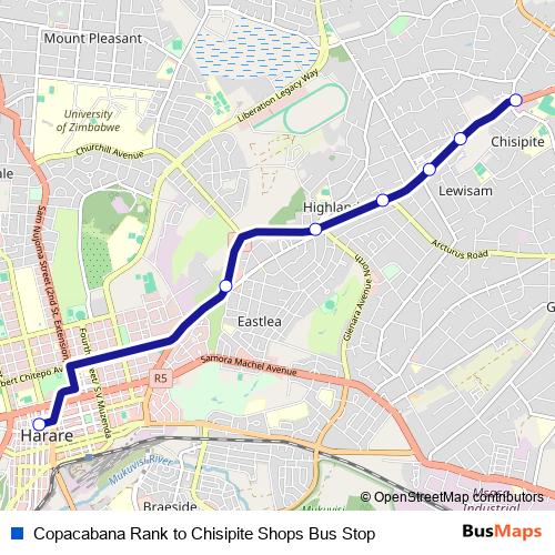 Copacabana Rank to Chisipite Shops Bus Stop bus Line Map