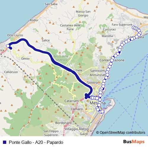 Ponte Gallo - A20 - Papardo bus Line Map