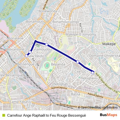 Carrefour Ange Raphaël to Feu Rouge Bessenguè bus Line Map