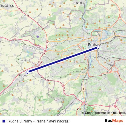 Rudná u Prahy - Praha hlavní nádraží rail Line Map