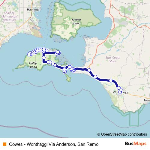 Cowes - Wonthaggi Via Anderson, San Remo bus Line Map