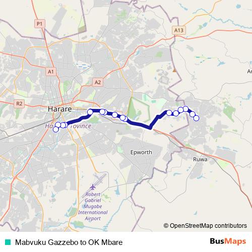 Mabvuku Gazzebo to OK Mbare bus Line Map