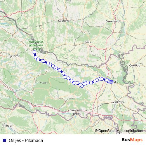 Osijek - Pitomača rail Line Map