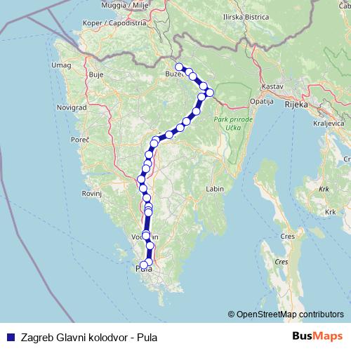 Zagreb Glavni kolodvor - Pula rail Line Map