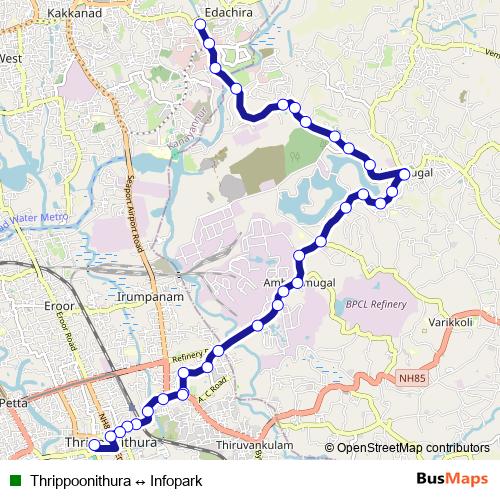 Thrippoonithura ↔ Infopark bus Line Map