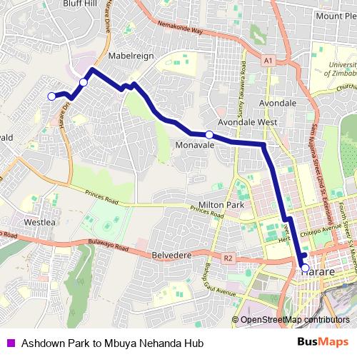 Ashdown Park to Mbuya Nehanda Hub bus Line Map