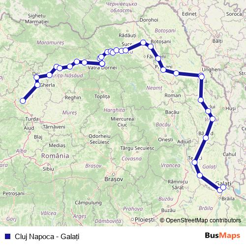Cluj Napoca - Galaţi rail Line Map