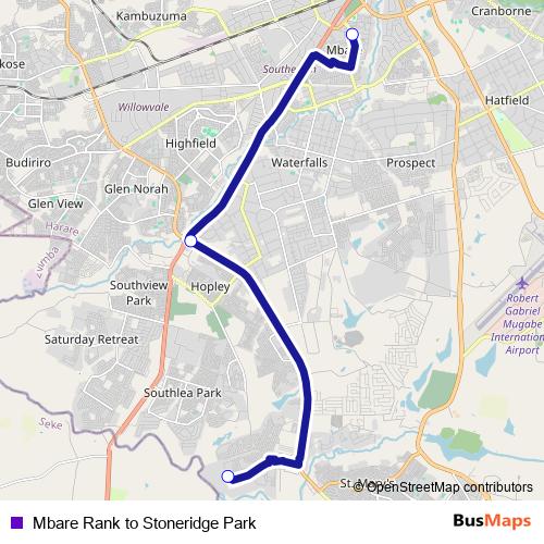 Mbare Rank to Stoneridge Park bus Line Map