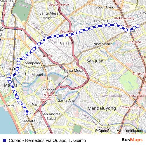 Cubao - Remedios via Quiapo, L. Guinto bus Line Map