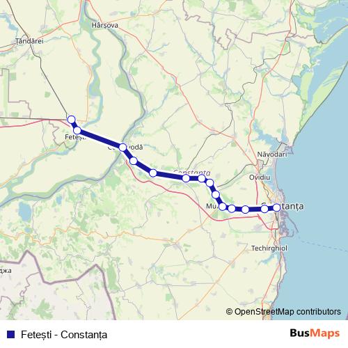 Feteşti - Constanţa rail Line Map