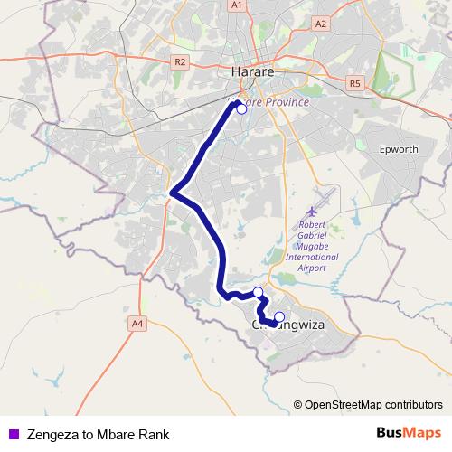 Zengeza to Mbare Rank bus Line Map