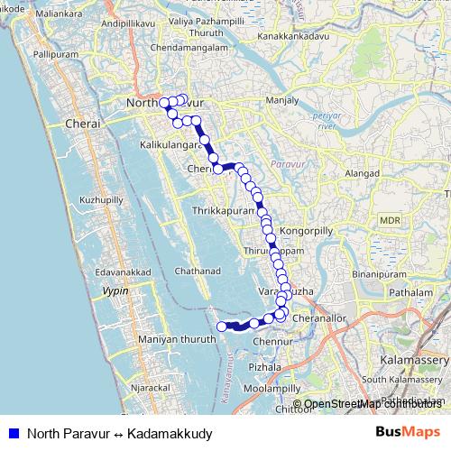 North Paravur ↔ Kadamakkudy bus Line Map