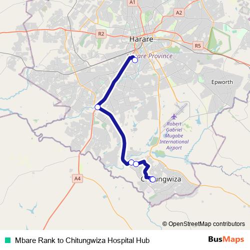 Mbare Rank to Chitungwiza Hospital Hub bus Line Map