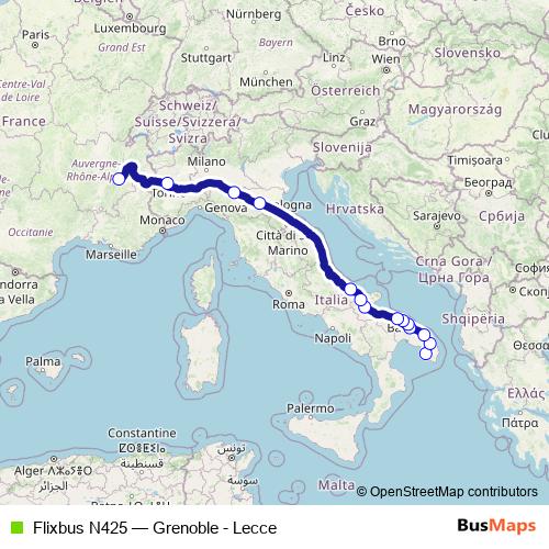 Flixbus N425 bus Line Map