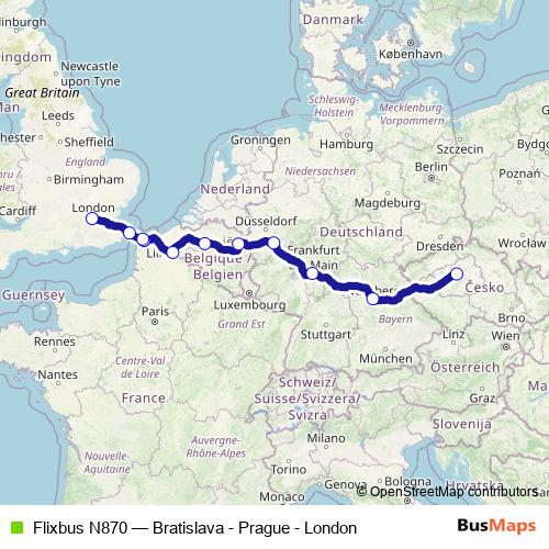 Flixbus N870 bus Line Map
