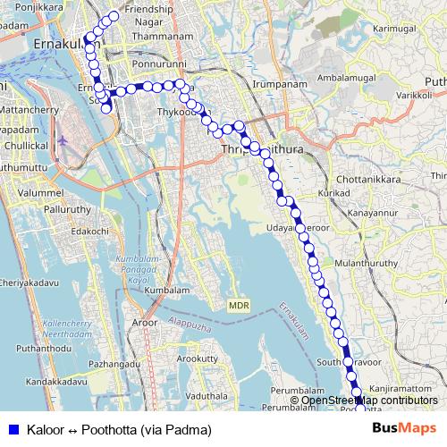 Kaloor ↔ Poothotta (via Padma) bus Line Map