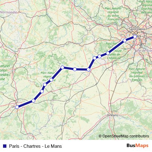 Paris - Chartres - Le Mans rail Line Map