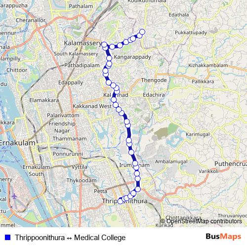 Thrippoonithura ↔ Medical College bus Line Map