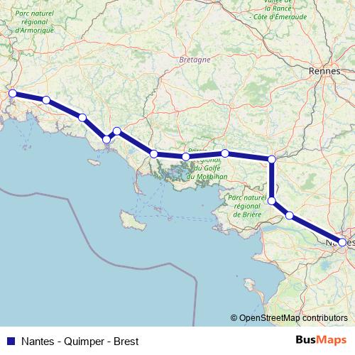 Nantes - Quimper - Brest rail Line Map