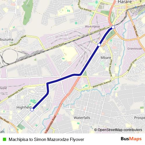 Machipisa to Simon Mazorodze Flyover bus Line Map