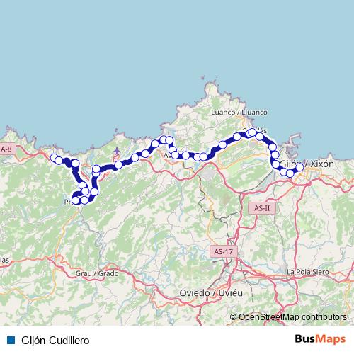 Gijón-Cudillero rail Line Map