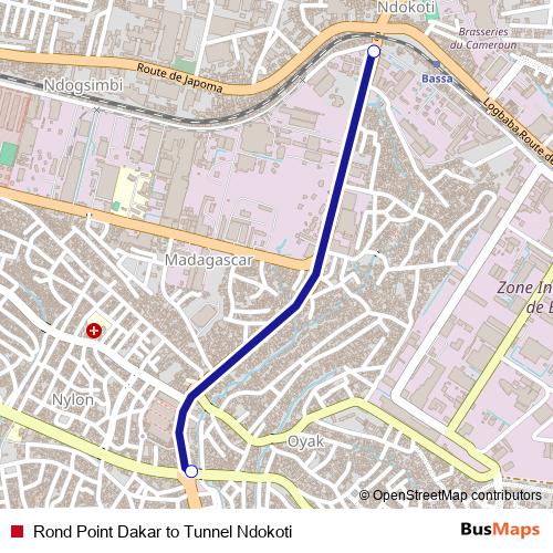 Rond Point Dakar to Tunnel Ndokoti bus Line Map