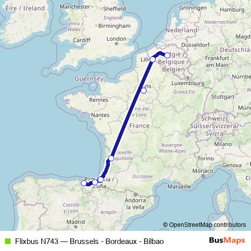 Flixbus N743 bus Line Map