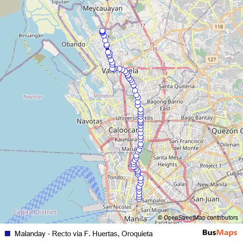 Malanday - Recto via F. Huertas, Oroquieta bus Line Map