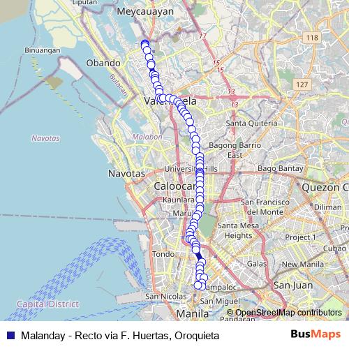 Malanday - Recto via F. Huertas, Oroquieta bus Line Map