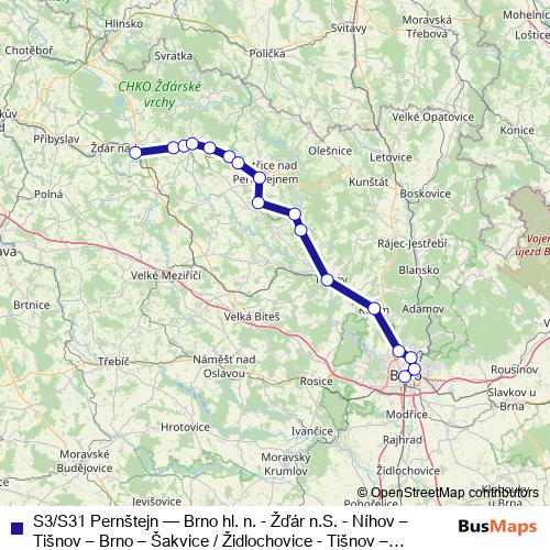 S3/S31 Pernštejn rail Line Map