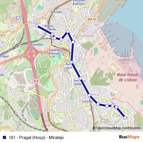181 - Pragal (Hosp) - Miratejo bus Line Map