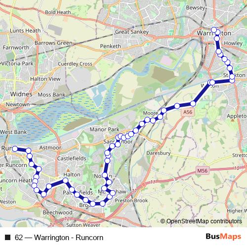 62 (Warrington - Runcorn) Bus, route map and schedule, Daresbury