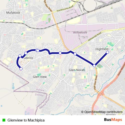 Glenview to Machipisa bus Line Map