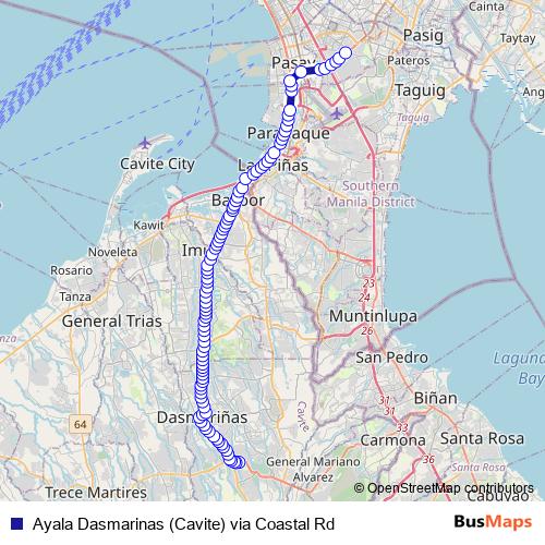 Ayala Dasmarinas (Cavite) via Coastal Rd bus Line Map