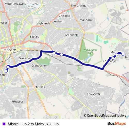 Mbare Hub 2 to Mabvuku Hub bus Line Map