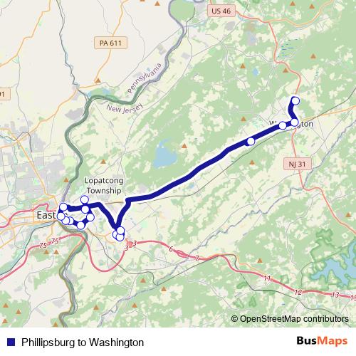 Phillipsburg to Washington bus Line Map