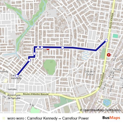woro woro : Carrefour Kennedy ↔ Carrefour Power bus Line Map