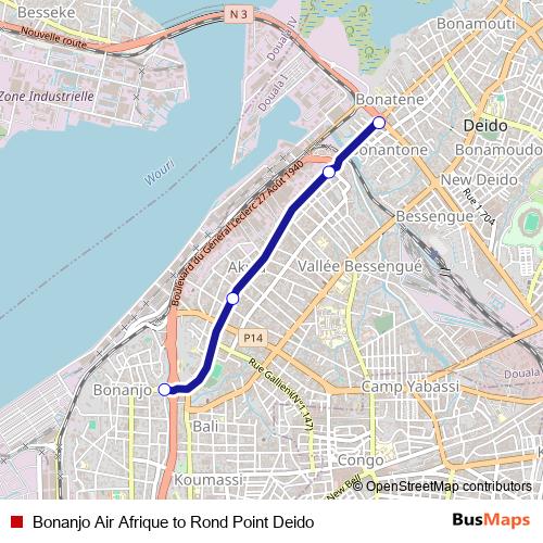Bonanjo Air Afrique to Rond Point Deido bus Line Map