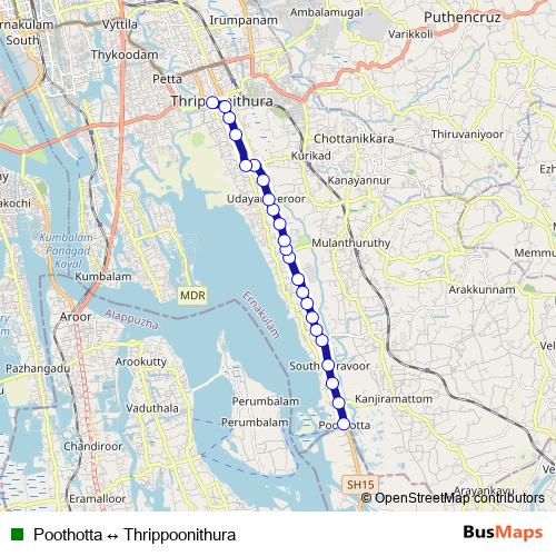 Poothotta ↔ Thrippoonithura bus Line Map