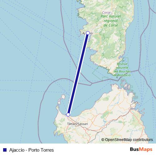 Ajaccio - Porto Torres ferry Line Map
